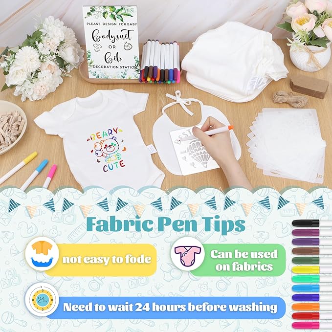 201 Pcs Baby Shower Set Baby Shower Game Sign Baby Bib Bodysuit White Baby Bib Newborn Bodysuit Baby Shower White Decorating Kit(Green)