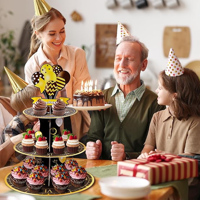 Happy Retirement 3 Tier Cupcake Stand,Cupcake Tower for Retirement Theme Farewell,Black Gold Cardboard Cake Dessert Holder Tower for retirement party decorations