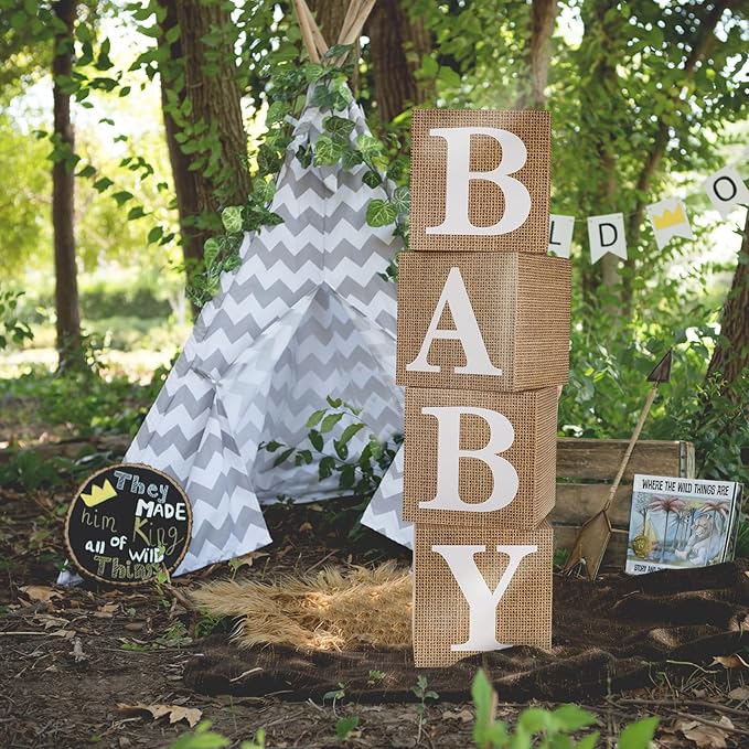 RUBFAC Burlap Print Baby Boxes with Letters for Baby Shower, 4pcs Rustic Farmhouse Style Boho Balloon Boxes with Burlap Grain for Birthday Gender Reveal Decoration Backdrop Photo Props