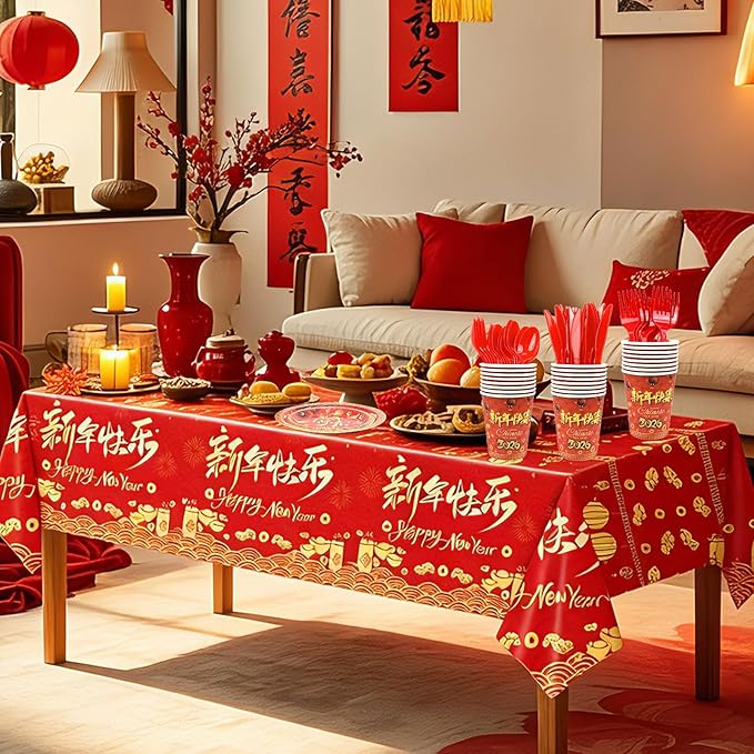 176Pcs Chinese New Year Paper Plates & Napkins Sets,Chinese New Year Dinnerware Sets Including Cups Plastic Cutlery Disposable Tablecloth for Lunar Years Supplies Decor,Serves 25