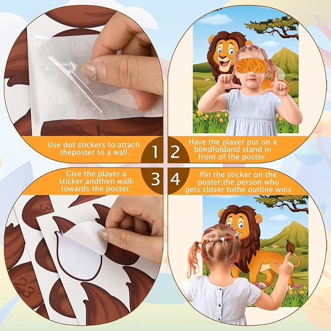 PLULON Pin The Tail on The Lion Party Game Kids Lion Games Poster with Tail Stickers for for Lion Party Favors Boys Birthday Party Supplies Party Decorations