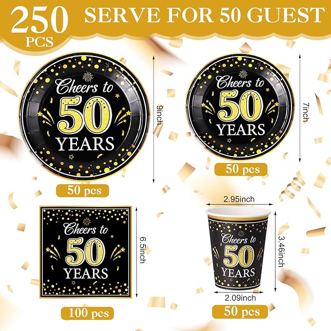 Pickmesh 250 Pcs 50th Birthday Party Supplies Decorations Serve 50 Black Gold Cheers to 50 Years Disposable Paper Plates Napkins and Cups for Women Men 50th Birthday Wedding Anniversary Party Supplies