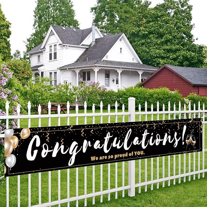 Large Congratulations Decoration Banner, Black Graduation Congrats Banner Sign, Birthday Engagement Wedding Retirement Party Decorations Supplies(9.8x1.6ft)