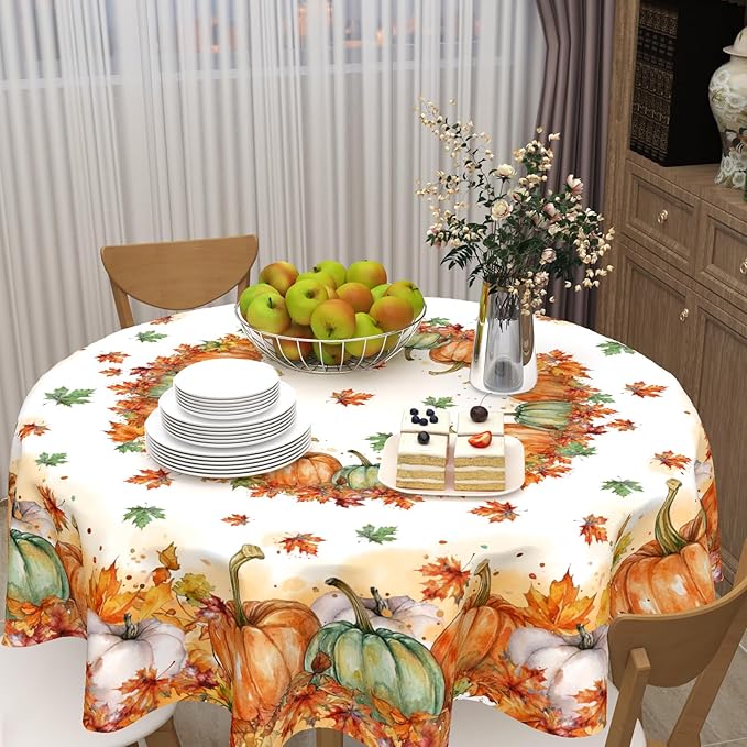 Fall Tablecloth Round 60 Inch Thanksgiving Autumn Harvest Orange Pumpkin Outdoor Table Cloth Maple Leaf Table Cover for Kitchen Dinner Room Holiday Party Outdoor Home Fall Decor