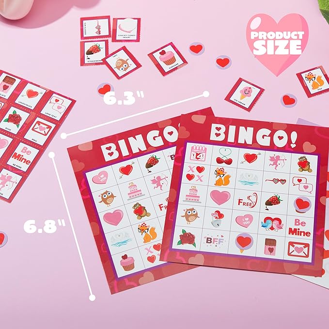 JOYIN Valentines Day Bingo Game Cards (5x5) – 28 Players for Kids Party Gift, School Classroom Love Supplies, Family Entertainment Activities
