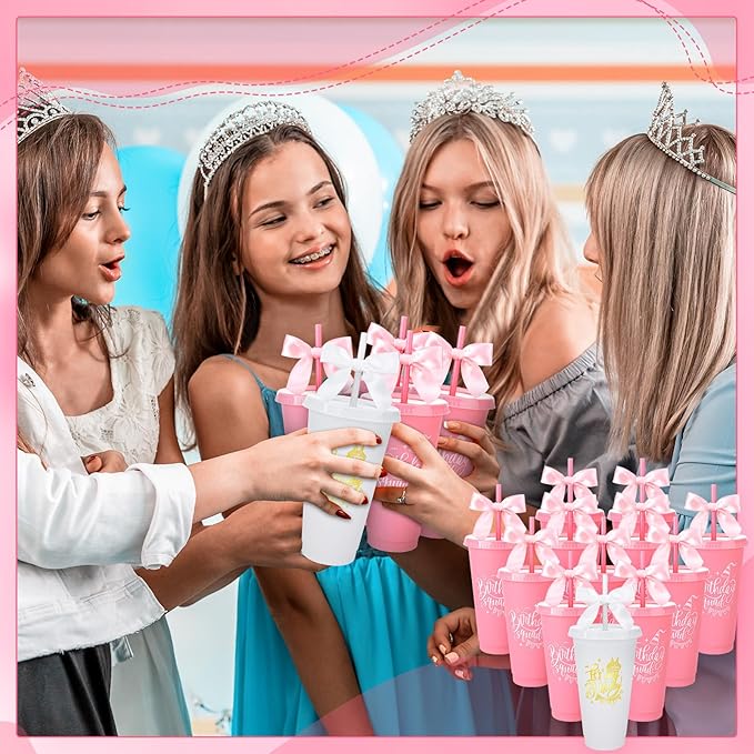12 Pcs Birthday Party Tumblers, 24 oz Reusable Plastic Cups with Lids and Straws and Bows for Birthday Decorations Party Favor