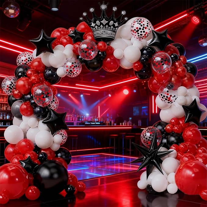 Black and Red White Balloon Garland kit,Red Black Confetti Crown star Foil balloons for Birthday Party anniversary wedding graduation