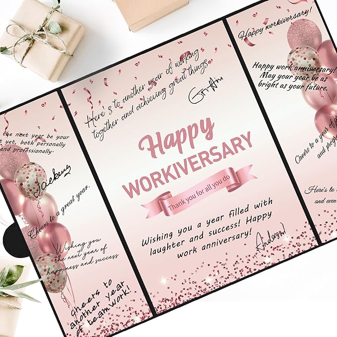 DARUNAXY Rose Gold Happy Workiversary Party Decorations, Happy Work Anniversary Alternative Signature Guest Book for Women Pink Employee Business Gifts Signing Card Board for Office Supplies