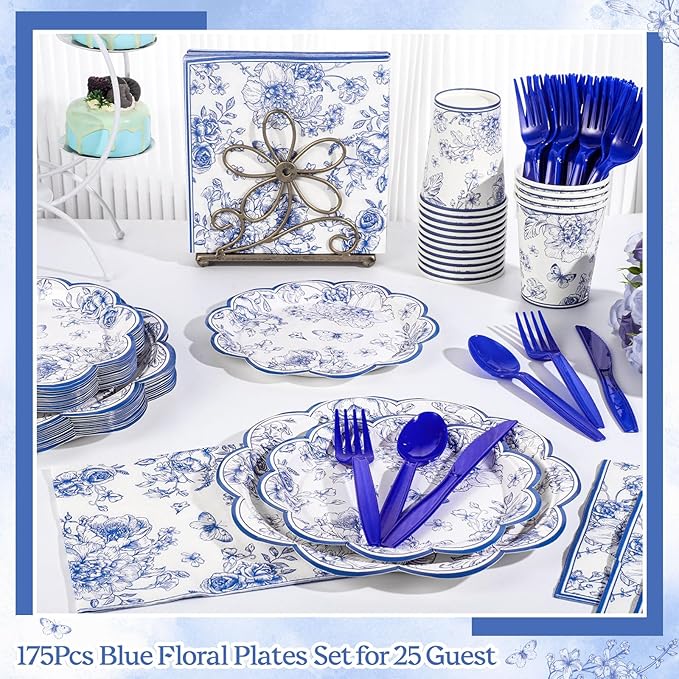 175 Pcs Blue Floral Plates and Napkins, 25 Guest Scalloped Chinoiserie Blue White Florals Party Supplies Includes Toile Plates, Napkins, Cups & Plastic Cutlery for Tea & Garden Party