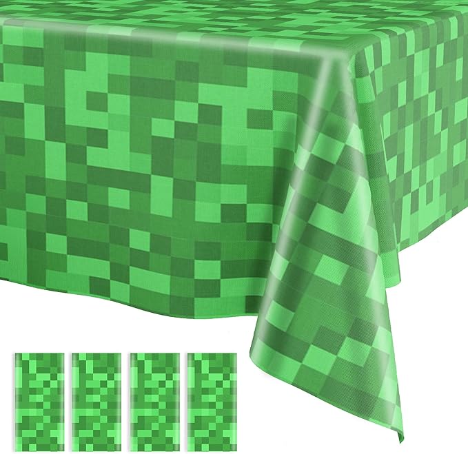 Pixel Miner Tablecloth 4 Packs, Green Plastic Table Cover Disposable Birthday Party Decoration, 54" x 108" Waterproof Tablecloths for Pixel Mining Gaming Themed Birthday Party Decoration Supplies