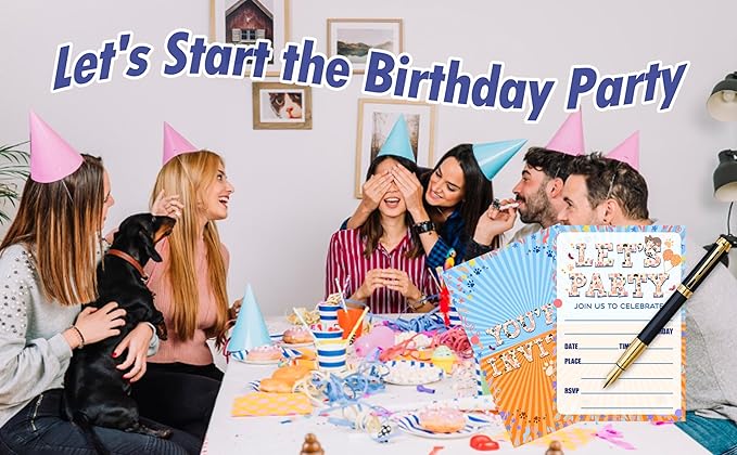 CLIRBE Let's Party Birthday Invitations, Cute Cats Invited Birthday Invitations For Teen Boys Girls, 20 Invites Cards With 20 Envelopes, Party Supplies Favors -H17