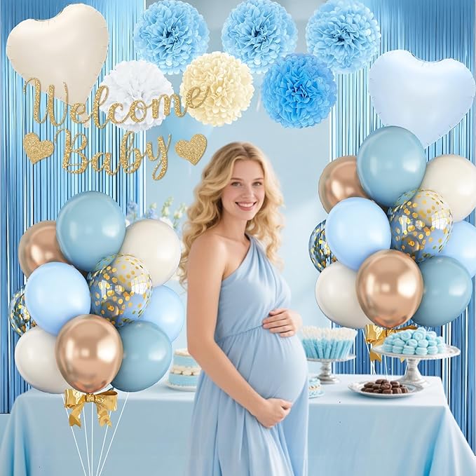 Dusty Blue Baby Shower Decorations for Boy,Welcome Baby Banner with Sand White Champagne Gold Balloons Fringe Curtains Paper Pom Poms Flowers Tassels for Boho Baby Shower Gender Reveal Party Supplies