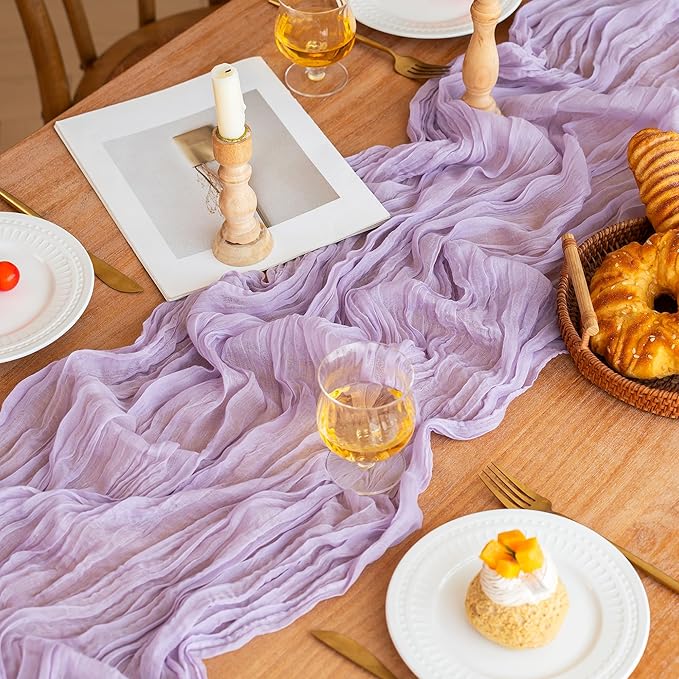 FEXIA 3 Pack Lilac Cheesecloth Table Runner 35x120 Inches for Baby Shower Decorations Spring Easter Table Runners for Wedding Party First Communion Centerpiece Engagement Bridal Shower Boho Decor