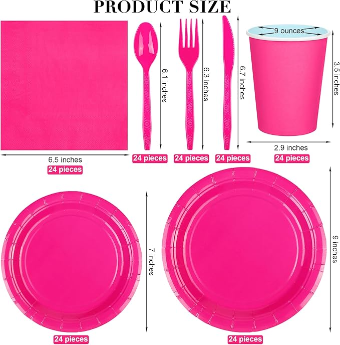 ADXCO 169 Pieces Hot Pink Party Supplies Include Paper Plates Cups Napkins Forks Knives Spoons Waterproof Tablecloth Complete Tableware for Party Decorations