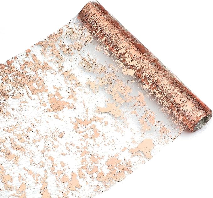 Snowkingdom Rose Gold Table Runner 11 Inch x 100 Feet Glitter Sequin Metallic Pink Thin Mesh Runner Sparkly Table Decorations for Birthday, Wedding, Bridal Shower, Baby Shower Party
