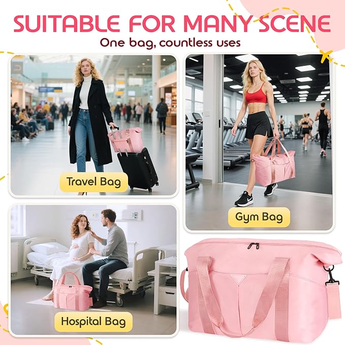 Duffle Bag for Travel, Carry-on Travel Bag with Trolley Sleeve, Sport Gym Bag for Women, Overnight Bag for Men, Hospital Bag for Labor and Delivery (Pink)