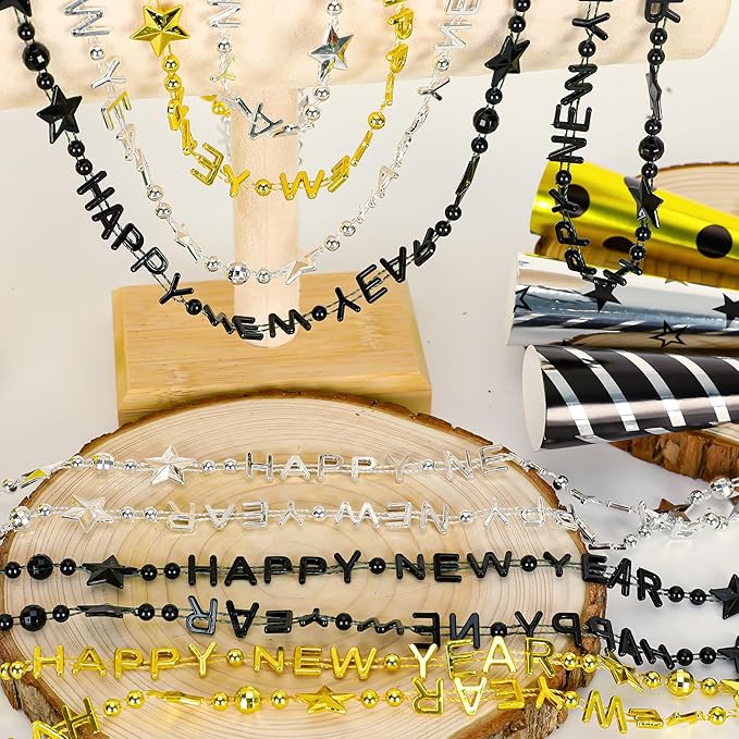 24PCS New Years Necklace Decorations, Bead Necklaces Party Supplies 2026, HAPPY NEW YEAR Star Necklaces Bulk Accessories, Black Gold Silver Bead Necklace 2026 Decorations