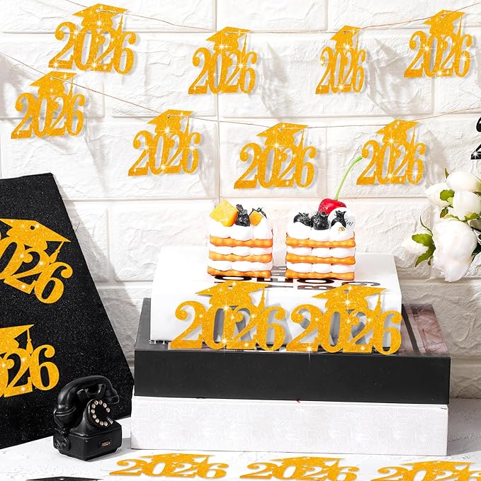 Chinco 24 Pcs 2026 Graduation Decorations Class of 2026 Graduation Centerpieces for Table Glitter Cutouts Grad Cap Tags Double Side Sparkling Glitter Confetti Party Decor for Vase Mason Jar(Gold)