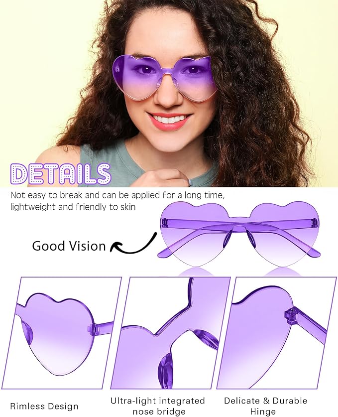 Frienda 8 Pairs Heart Shaped Sunglasses for Women Rimless Heart Glasses Candy Color Sunglasses for Party Favor