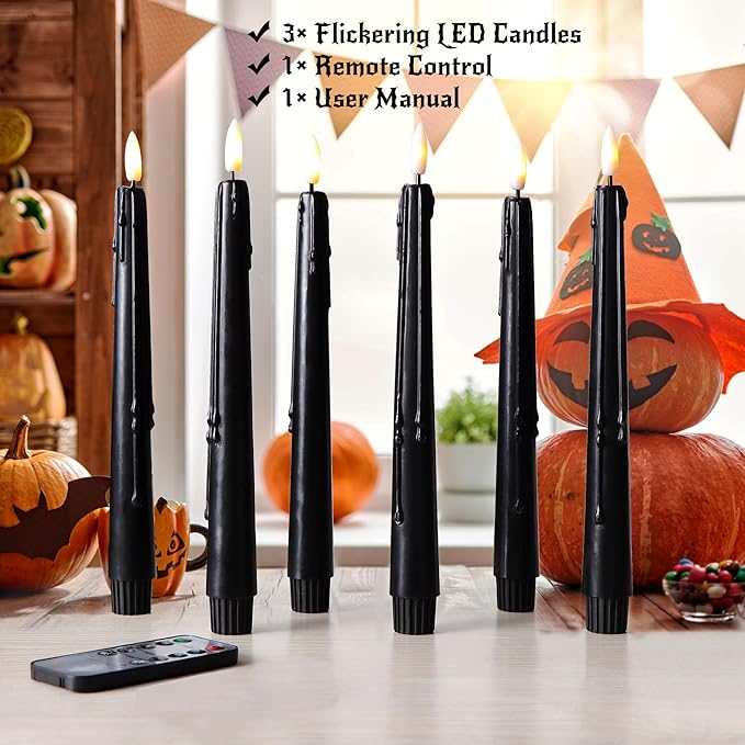 Black Flameless Taper Candles with Remote and Timer - 9.65 Inch Real Wax LED Candlesticks - Wax Drip Battery Operated Halloween Taper Candles with 3D Flickering Flame Halloween Decor, 3 Pack