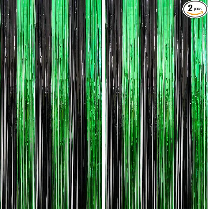2 Pack 3.3ft×8.2ft Black Green Metal Tinsel Foil Fringe Curtains Backdrop Door Window Streamers Birthday St Patrick's Day Halloween Bachelorette Graduation Hawaiian Jungle New Year Party Decoration