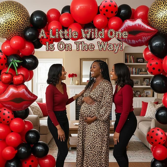 Red Black cheetah Balloon Garland Arch Kit Cherry Birthday Decorations with leopard print backdrop Cheetah Print Cherry mylar Balloons for Girl birthday Baby Shower Bachelorette Party supplies