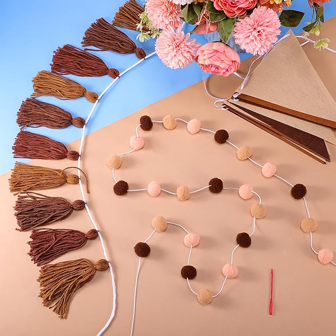 Irenare 9.8ft Pom Pom Garland Felt Rainbow Garland Graduation Party Decoration Colorful Pennant Tassel Banner Birthday Baby Shower Triangle Banner for Classroom School Mantel Fireplace(Gradient Brown)