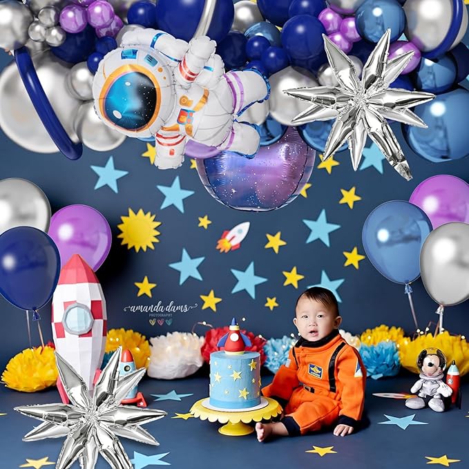 Amandir139pcs Space Balloon Garland Arch Kit Outer Space Birthday Decorations with Blue Purple Silver Galaxy Astronaut Foil Balloons for Boys Themed Birthday Party Decoration Supplies