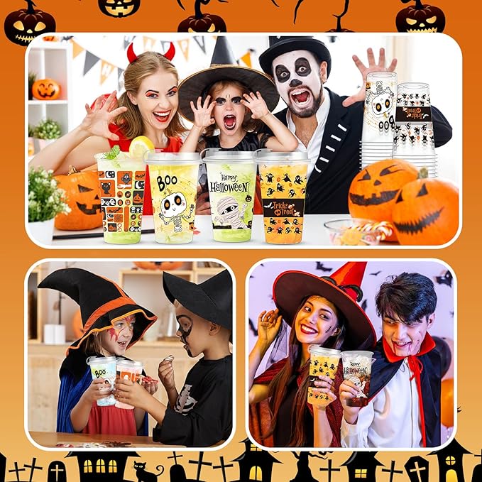 50 Pcs Halloween Plastic Cups 16oz Disposable Clear Drinking Cup with Lids,4 Style Patterns for Hot and Cold Drinks, Coffee, Beer, Drinks, Ice Cream, Trick or Treat Halloween Party Decoration Supplies