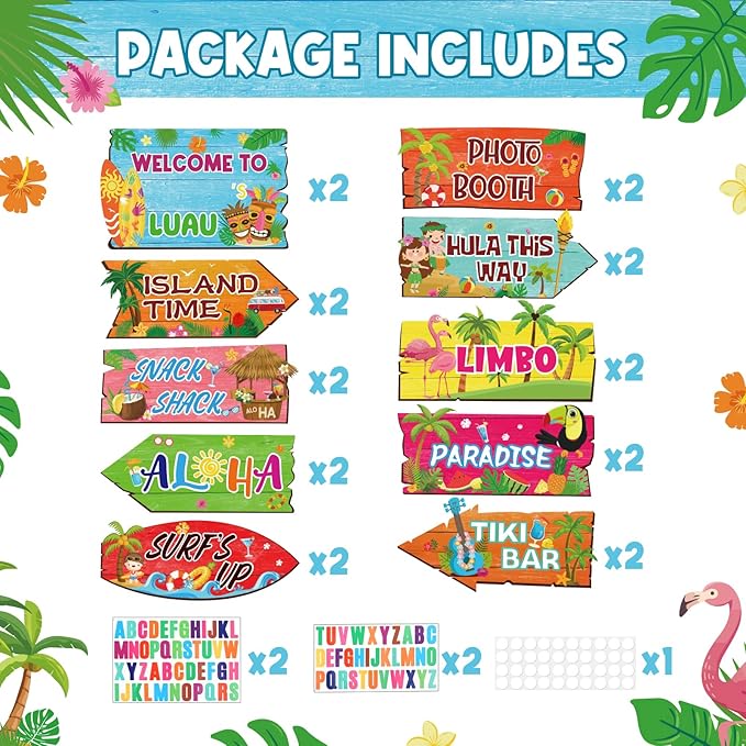 20 Pieces Luau Party Decorations Hawaiian Party Welcome Sign Summer Tropical Party Direction Signs for Fiesta Hawaiian Luau Tiki Themed Birthday Wedding Party Supplies with 2 Sheet Stickers