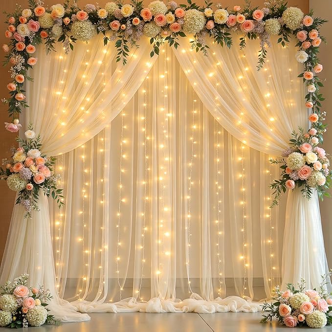 10x10FT Cream Wrinkle Free Backdrop Curtains with Lights String for Parties - Photo Curtain Backdrop with Lights for Wedding Decorations, Bridal Baby Shower Birthday Party Photography Background