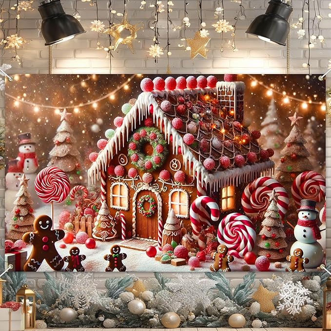 Winter Door Banner Backdrop Christmas Gingerbread House Banner Candy Cane Lollipop Tree Snowman Backdrop Holiday Sweet Wonderland Scene 71x43 inch Party Wall Decoration