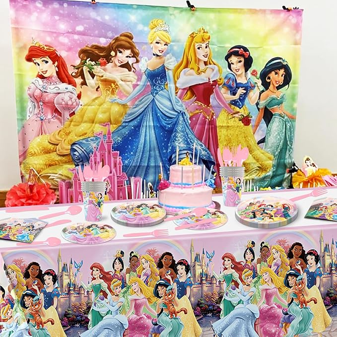 81 PCS Princess Birthday Party Supplies, Princess Tableware Set Includes 20 PCS Plates, 20 PCS Napkins, 10 PCS Paper Cups, 1 PCS Tablecloth and 10 PCS Plastic Knives/Spoon/Forks for Party Decorations