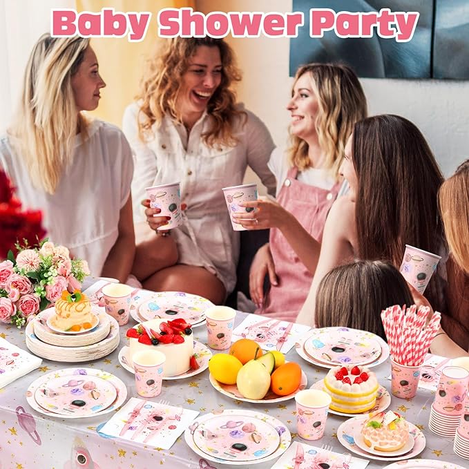 452 Pcs Pink Space Birthday Decorations for 50, Star Astronaut Paper Plates Napkins Cups Moon Tablecloth Cutlery Straws for Planets Solar System Baby Shower Party Supplies Decorations