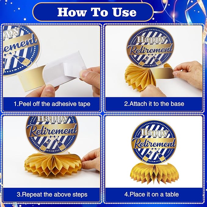 10 Pcs Retirement Party Decorations, Blue Gold Retirement Table Honeycomb Centerpieces Happy Retirement Table Topper for Men Women Happy Retirement Decorations for Party Supplies
