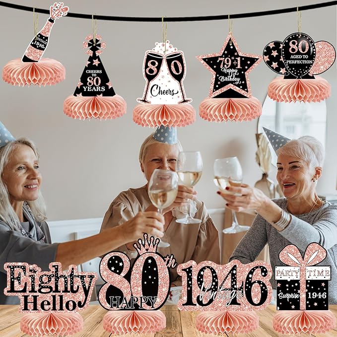 9Pcs 80th Birthday Decorations Honeycomb Centerpieces for Women, Rose Gold Happy 80th Birthday Centerpieces Tables Toppers Party Decorations Supplies, Vintage 1946 Aged Table Sign Decor
