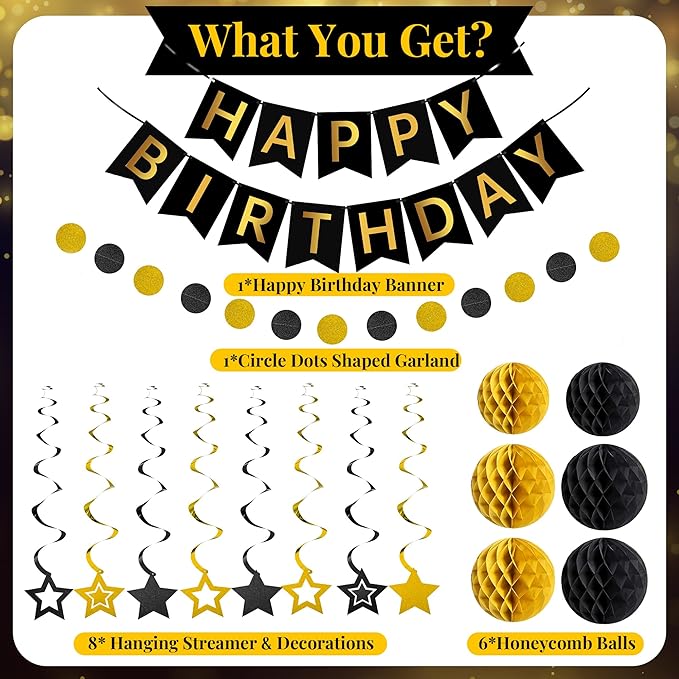 Happy Birthday Decorations Happy Banner with Honeycomb Balls, Swirls Set Happy Decorations Sign for Men Women Boys Girls Birthday Party Supplies Kit for Indoor Outdoor