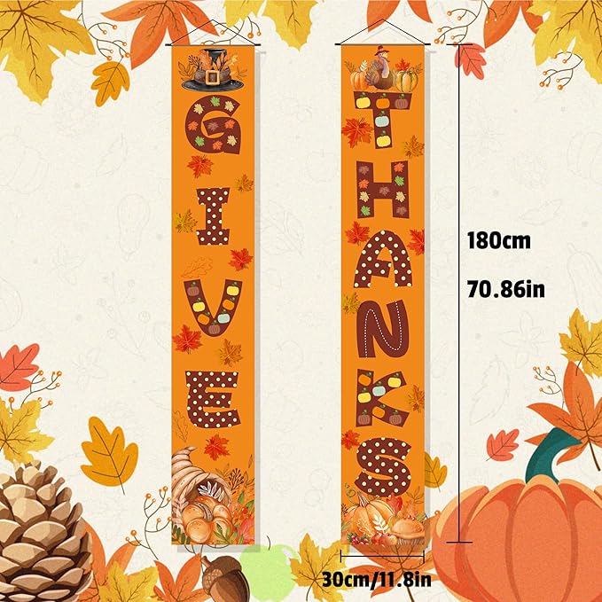 OHOME Thanksgiving Decorations - GIVE THANKS Porch Banner | Fall Decor for Indoor Outdoor Outside - Friendsgiving Party Decorations Autumn Pumpkin Welcome Door Sign for Home Yard Wall