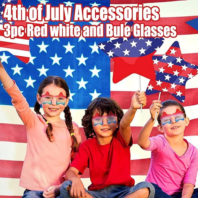 3Pack 4th of July Glasses - Red White and Blue Style Accessories for Independence Patriots Women Outfit and Decorations
