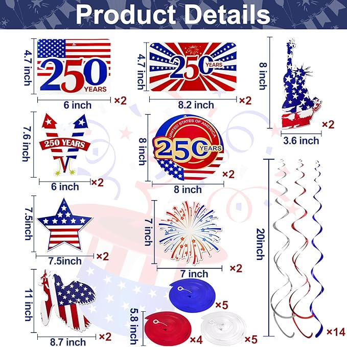 TURNMEON 30 Pcs USA 250th Anniversary 4th of July Decorations Fourth of July Party Supplies Red White Blue Decorations American Flag Stars Hanging Swirls Patriotic Party Favors Independence Day Decor