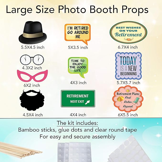 Scapa Pro Retirement Photo Booth Props 36 pc Party Supplies for Pictures and Decorations Includes Colorful Photo Props and Phrase Signs Unisex Retirement Decor
