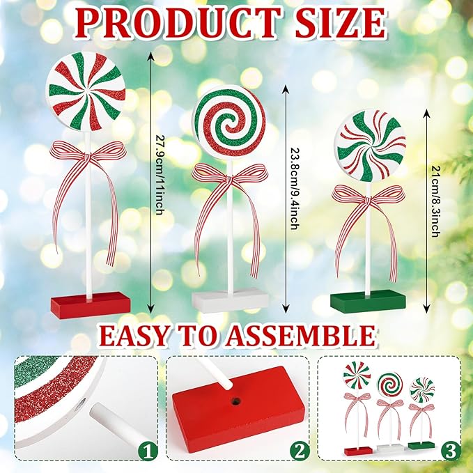 3 Pieces Christmas Table Decorations Wood Candy Set, Red and Green Christmas Tiered Tray Decor,Rustic Candy Table Decorations for Home Tables (Red and Green)