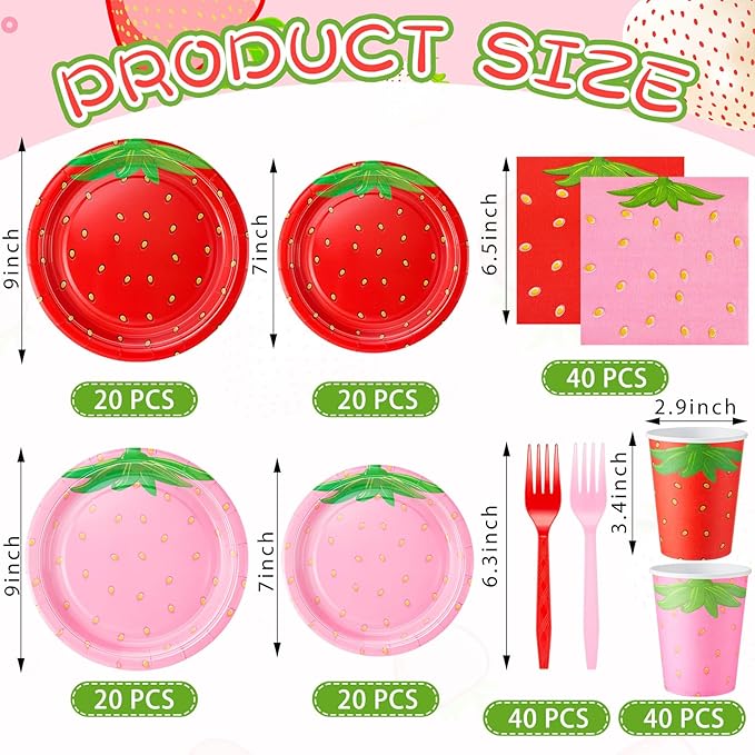 200 Pieces Strawberry Party Tableware Set Strawberry Plates Napkins Forks Cups Party Supplies Sweet Red Pink Baby Shower Birthday Decoration for Guests