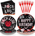 96 Pcs Rock and Roll Birthday Party Decorations Guitar Music Rock Plates and Napkins Tableware Favors for Men Boys Musical Rock N Roll Birthday Party Baby Shower Party Supplies, Serves 24