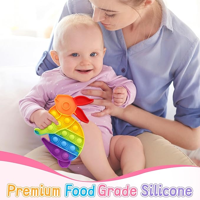 Fidget Toys for Kids Girls Boys,Easter Rainbow Bunny Push Bubble Sensory Toy Toddler Adult Stress Relief Silicone Autism Fidgets Birthday Gifts for Travel Cars Classroom Party Favors Office