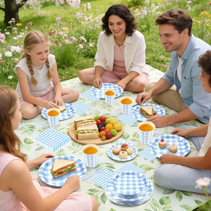 Blue Gingham Disposable Party Tableware Set for 30 Guests – 9 & 7 Inch Paper Plates, Cups, Napkins and Forks, Blue Checkered Paper Dinnerware for Birthday, Picnic, Baby Shower, Outdoor Gatherings