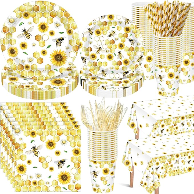 LemonRoad 452 Pcs Bee Baby Shower Decorations for 50, Bee Paper Plates Napkins Cups Tablecloth Disposable Cutlery Straws for Birthday Party What Will Baby Be Gender Reveal Dinnerware Supplies