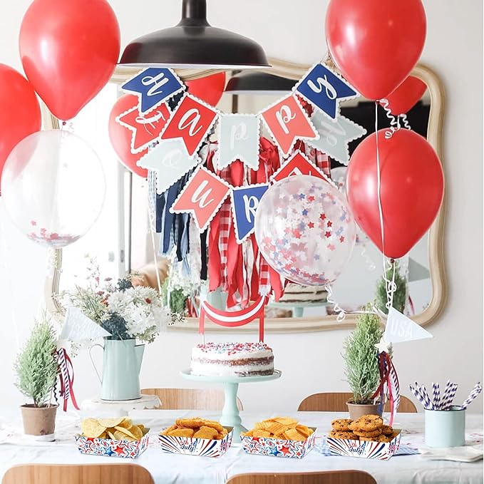 4th of July Paper Food Trays 24pcs Patriotic Red White Blue Disposable Snack Candy Holder Trays For Independence Day Theme Party Decorations