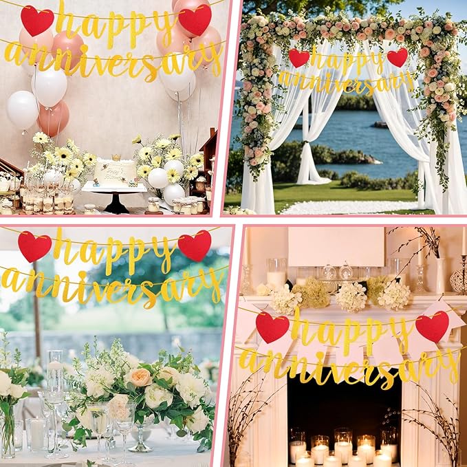 Happy Anniversary Banner, Glitter Wedding Anniversary Romantic Decorations No DIY Banners for Baby Shower Couples Birthday Party New Year(Gold)