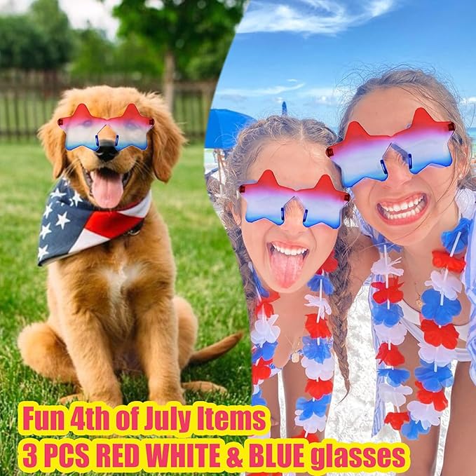 3Pack 4th of July Glasses - Red White and Blue Style Accessories for Independence Patriots Women Outfit and Decorations